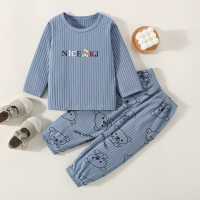 Kid Stripes Bear Printed T-shirt & Pants Pajamas  Blue