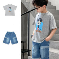 Conjunto de dos piezas de pantalones cortos de mezclilla para niños, ropa fina de verano con estampado de letras  gris