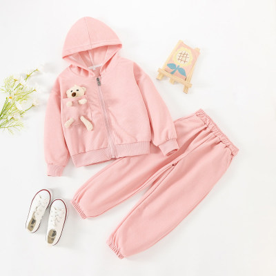 2-piece Toddler Girl Waffle Solid Color Detachable Toy Bear Design Hooded Zip-up Jacket & Pants