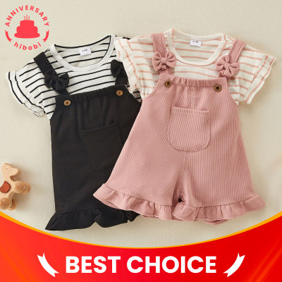Baby Girl Stripes Fly Sleeves Top & Solid Color Suspender Pants