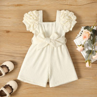 Cross-border ins infant girl summer style small square collar puff sleeve belt fashionable Korean version of one-piece shorts  White
