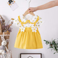 Roupas de verão para bebês meninas estampadas princesa algodão vestido de manga curta saia infantil  Amarelo