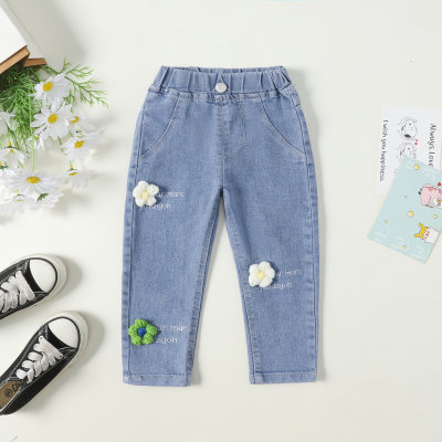 جينز كاجوال مزين بالزهور ثلاثي الأبعاد للفتيات الصغيرات