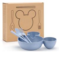 Baby food supplement divided plate wheat straw children's tableware four-piece set  Blue