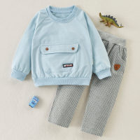 Toddler Boy Solid Color Pocket Design Pullover & Pants  Light Blue