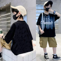 Boys summer short-sleeved boys T-shirts for middle and large children summer trendy boys half-sleeved suits  Black