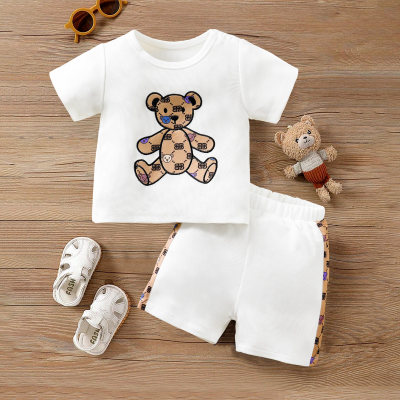 Baby Boy's Bear Pattern T-shirt And Shorts Set With Comfortable Textured Fabric