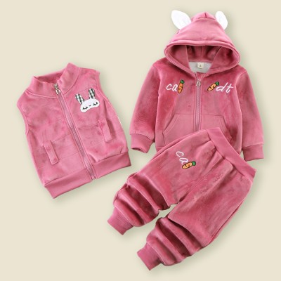 Top con applicazioni di coniglio in tinta unita per bambina in 3 pezzi, giacca con cerniera e cappuccio e pantaloni coordinati