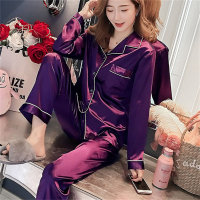 Women Solid Color Silk Material  Adult pajamas set  Purple