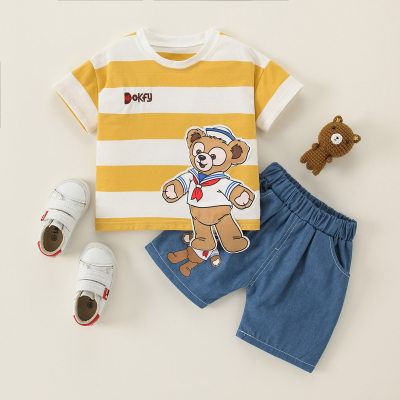 Toddler Boy Cotton Loose Cartoon Stripes Top & Shorts