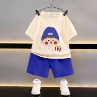 Novo estilo infantil de manga curta terno roupas infantis meninos verão casual roupas soltas waffle bebê verão  Azul