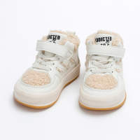 Toddler Plush Patchwork Non-slip Fleece-lined High-top Velcro Sneakers  Beige