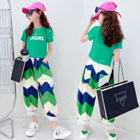 Girls summer suits for middle and large girls with letters short sleeves, loose wavy patterns and nine-point casual pants  Green