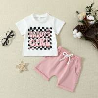 Cross-border new 0-24M infant and toddler plaid letter printed short-sleeved solid color shorts summer two-piece set  Pink