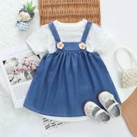 Summer new style girls lapel Polo shirt short-sleeved suit baby girl casual denim shorts two-piece trendy set  Blue