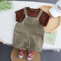 2023 new style boy handsome two-piece suit children's forest striped Korean version of overalls short-sleeved casual fashionable suit  Brown