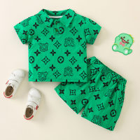 Toddler Boy Geometric Cartoon Thin Polo Collar Top & Shorts  Green
