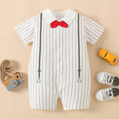 Baby Boy Pure Cotton Striped Bowtie Decor Short Sleeve Boxer Romper