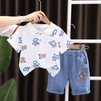 Boys summer POLO shirt set 2024 new children's clothing summer lapel short-sleeved two-piece set with full printing, handsome and trendy  White