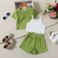 Children's girls' summer new waffle solid color shorts suit three-piece set  Green