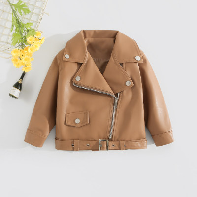 Toddler Girl Solid Color Lapel Zip-up Leather Jacket