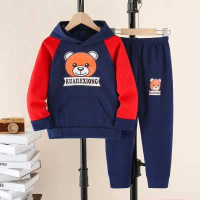 2-piece Kid Boy Color-block Patchwork Letter and Bear Pattern Hoodie & Matching Pants