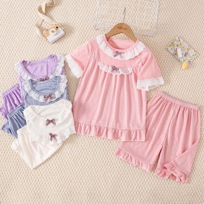 2-piece Kid Girl Solid Color Lace Spliced Short Sleeve Top & Matching Shorts