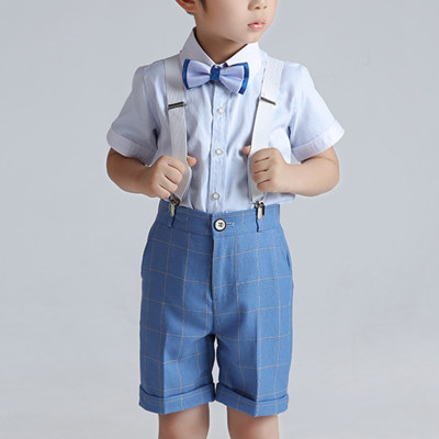 2-piece Kid Boy Solid Color Bowtie Decor Short Sleeve Shirt & Plaid Suspender Shorts