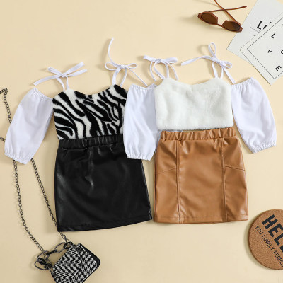 Toddler Zebra Stripe Print Slash Neck Blouse & Leater Skirt