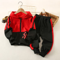 Kid Boy Color-block Hooded Zip-up Jacket & Pants  Red