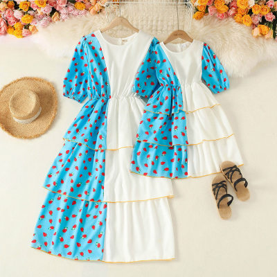 Sweet Strawberry Print Puff Sleeve Long Dress for Mom and Me