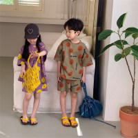 Terno de lazer infantil estilo coreano estilo verão sorriso fofo terno de passeio em casa  Verde