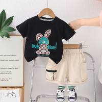 New summer style for small and medium children, fashionable plaid rabbit short-sleeved suit, trendy boys' casual short-sleeved suit  Black