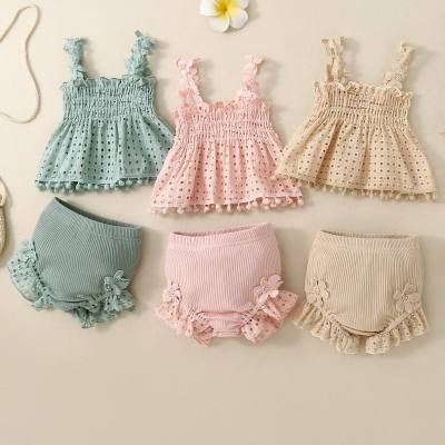 Cotton mesh high temperature dyed apricot lace hanging baby shirt and shorts for baby girls fashion two-piece suit