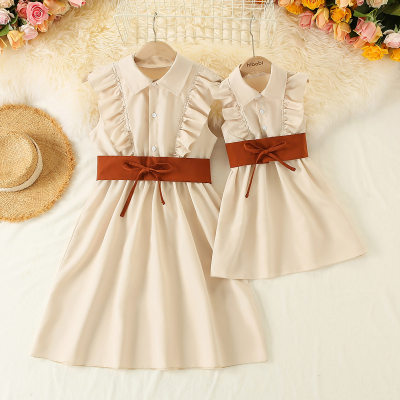 Mom and Me Solid Color Ruffled Patchwork Shirt Collar Sleeveless Dress with Belt