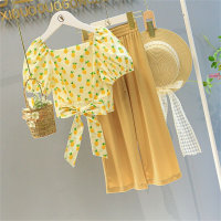 ملابس الصيف للفتيات 2 قميص فضفاض بأكمام قصيرة على الطراز الكوري سروال عالي الخصر للأطفال ذو أرجل واسعة بدلة من قطعتين  أصفر