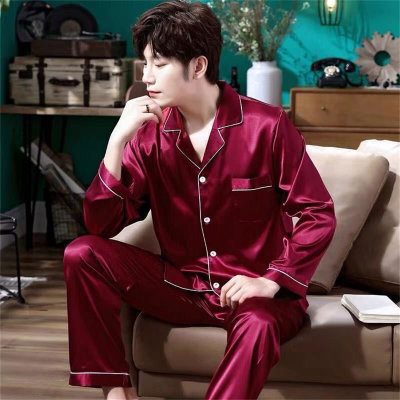 2-teiliges Herren-Pyjama-Set aus Seidenimitat, dünnem Eisseidensatin, für Erwachsene