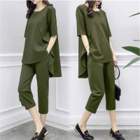 2PCS Loose and slim short-sleeved tops and casual cropped pants two-piece set  Green