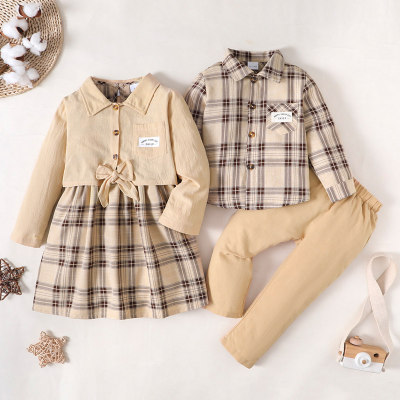 Brother and Sister Plaid Patchwork Bowknot Decor Long Sleeve Shirt Dress & Plaid Shirt & Solid Color Pants