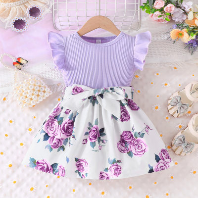 24 Summer round neck, pitted flying sleeves, hem, purple flower A-line skirt + belt, fashionable two-piece set, cross-border e-commerce