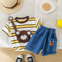 Infants and toddlers cute striped backpack short-sleeved tops children's clothing boys casual pants children's T-shirt two-piece set wholesale  Yellow