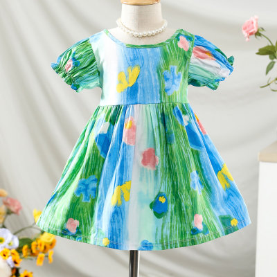 Toddler Girl Pure Cotton Gradient Color Flower Printed Short Sleeve Dress