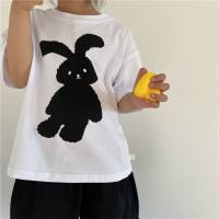 Korean style children's cute printed short-sleeved T-shirts for boys and girls baby bunny round neck tops summer wear  White