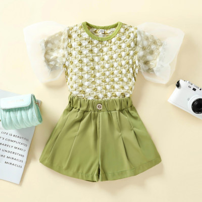 Toddler Girl Sweet Cute Polka Dot Puff Sleeve Top T-shirt & Shorts