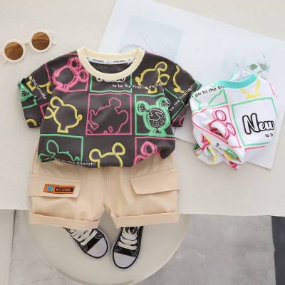 Summer children's clothing full print round neck T-shirt two-piece short-sleeved shorts