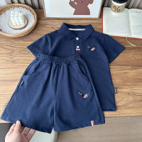 2024 New Summer Style Children's Clothing Boys Children's Mesh TB Wind Sports Breathable Short Sleeve Shorts Set Wholesale Dropshipping  Navy Blue