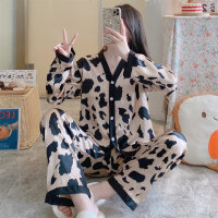 Women's 2 piece leopard print ice silk print pattern pajamas set  Apricot
