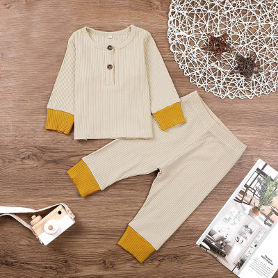 2-piece Baby Girl Color-block Ribbed Button Front Top & Matching Pants