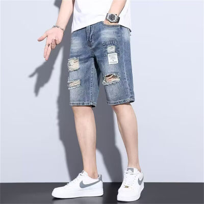 Pantaloncini jeans strappati sottili e alla moda estivi da uomo