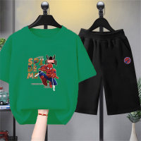 2024 New Summer Loose Anime Spider-Man Casual Sports Suit Men's and Women's Medium and Large Children's Suit Two-piece Set  Green